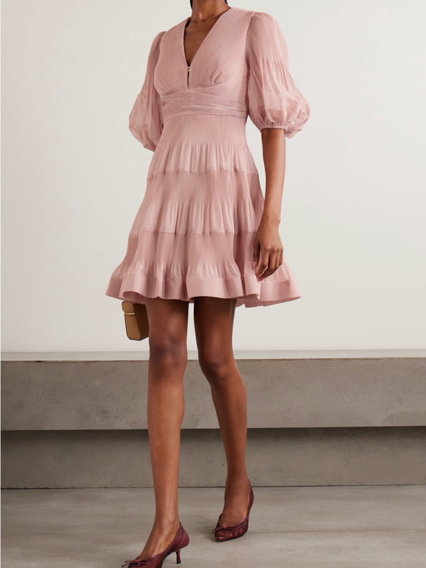 Zimmermann Shimmer Pleated Mini Dress In Light Pink